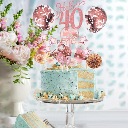 Tortendeko 40 Geburtstag Happy Birthday Cake Topper 17-teilig Roségold