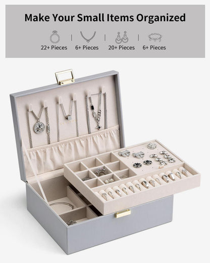 Schmuckkästchen 2 Ebenen Groß mit Abnehmbarem Schmucktablett, Geschenk für Frauen, Grau