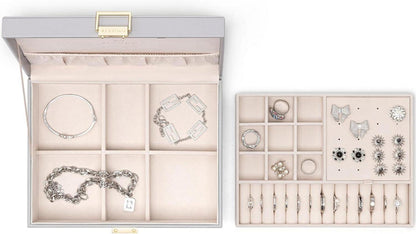 Schmuckkästchen 2 Ebenen Groß mit Abnehmbarem Schmucktablett, Geschenk für Frauen, Grau