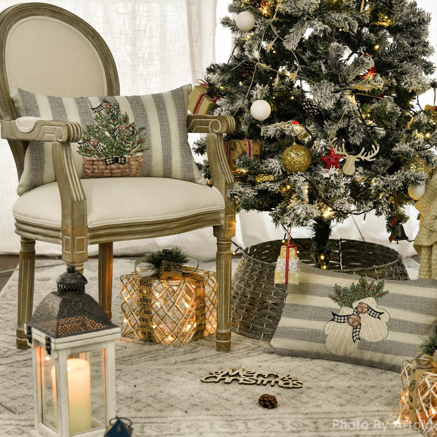 Weihnachtskissenbezüge 4er Set Schneemann Rentier 30x50 cm Grau