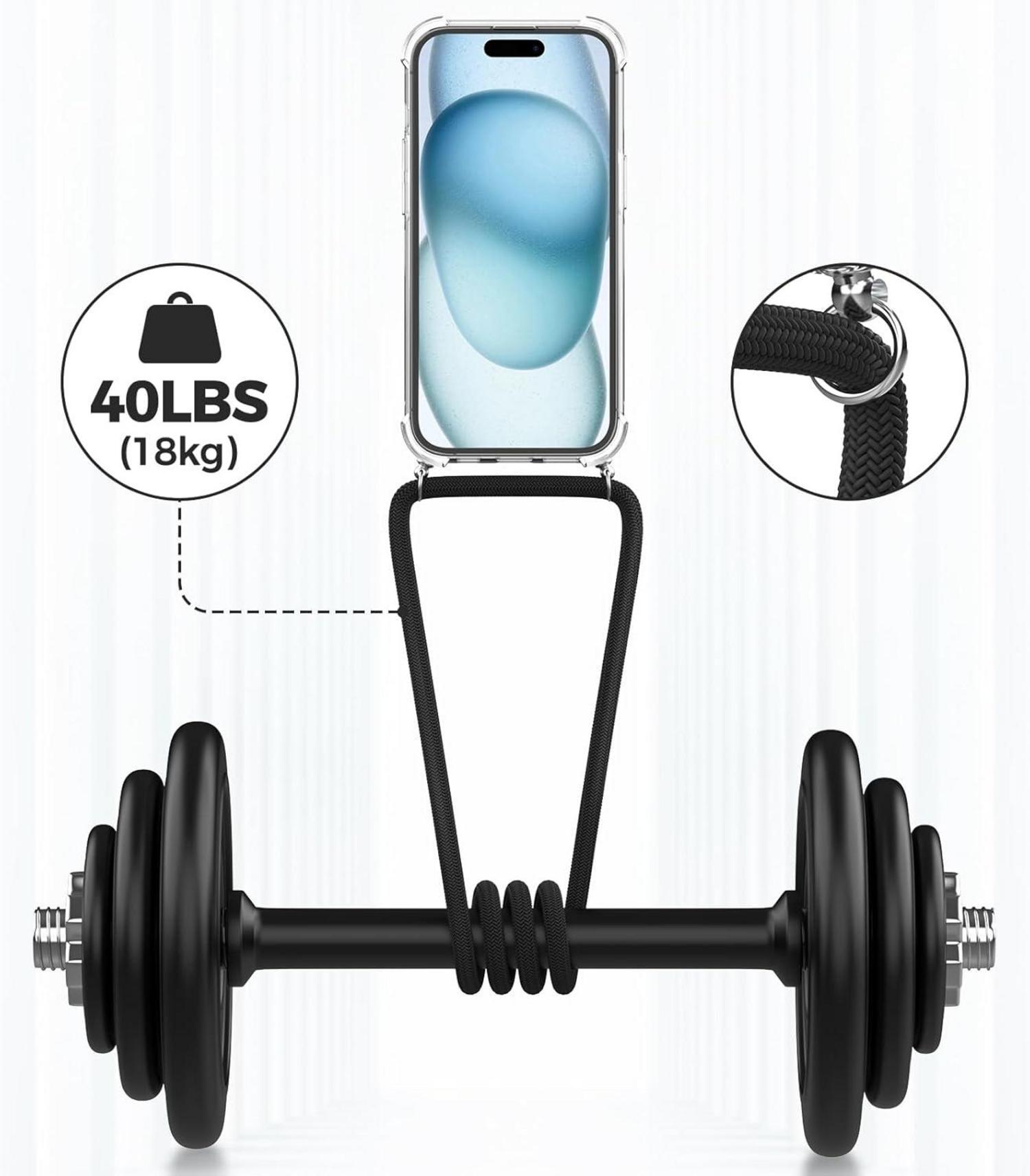 Handykette für iPhone 15 6,1 Zoll, Transparente Hülle mit Kordel, Schwarz
