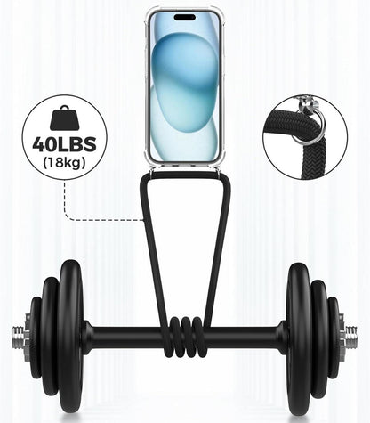 Handykette für iPhone 15 6,1 Zoll, Transparente Hülle mit Kordel, Schwarz