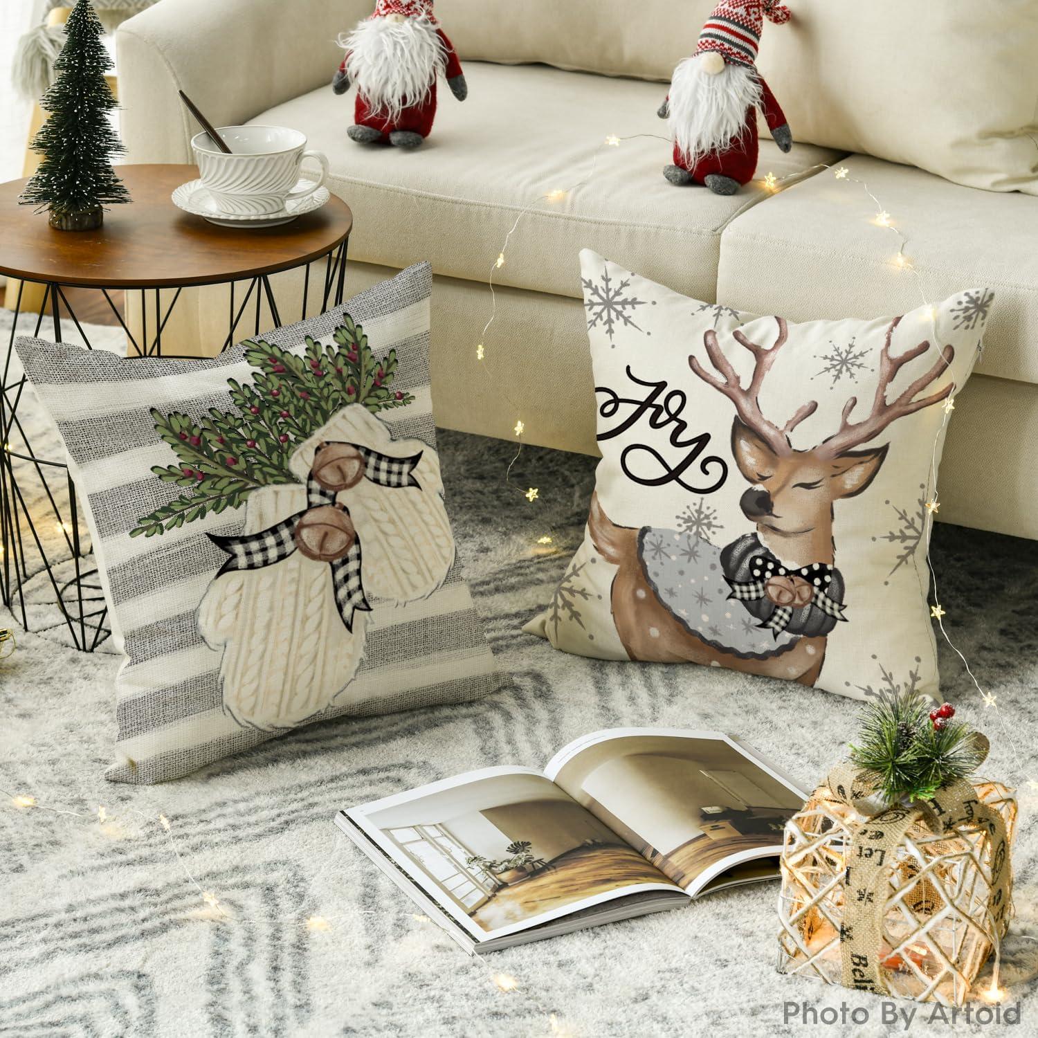 Weihnachten Kissenbezüge Rentier Schneemann Set 4er 40x40cm Sofa Couch Grau