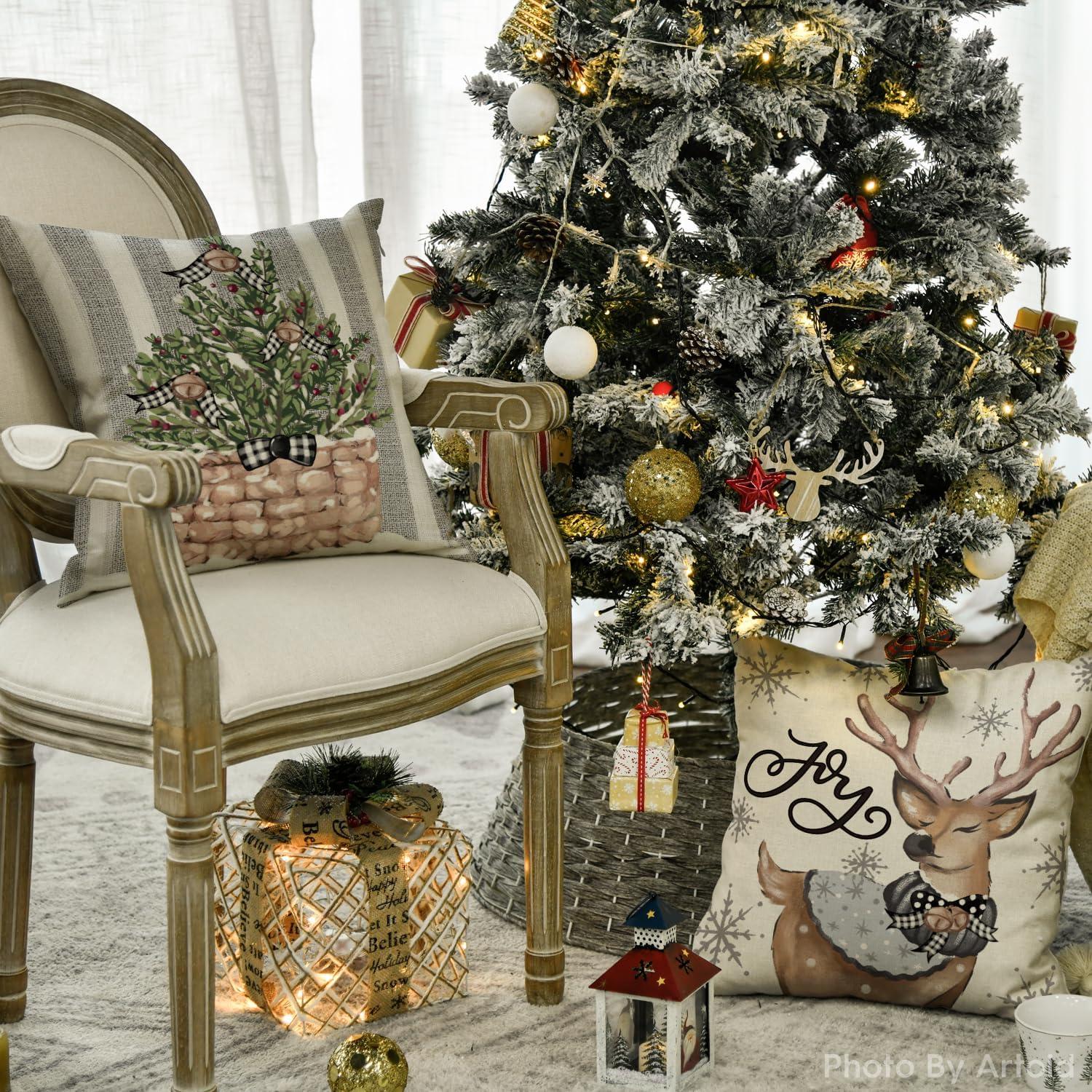 Artoid Weihnachtskissenbezüge Rentier Schneemann 4er Set 50x50cm Grau