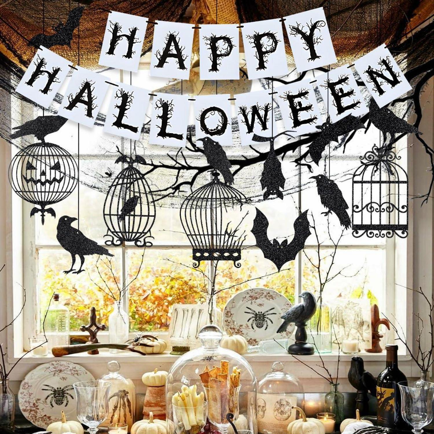 iZoeL Halloween Deko Gruselige Happy Halloween Girlande Vogelkäfig Krähen Spiralen