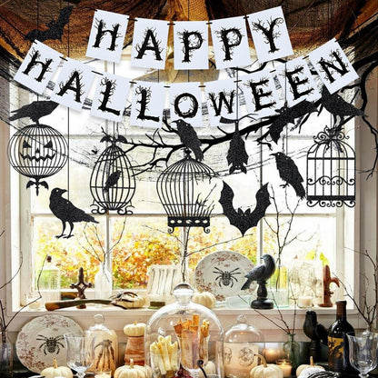 iZoeL Halloween Deko Gruselige Happy Halloween Girlande Vogelkäfig Krähen Spiralen