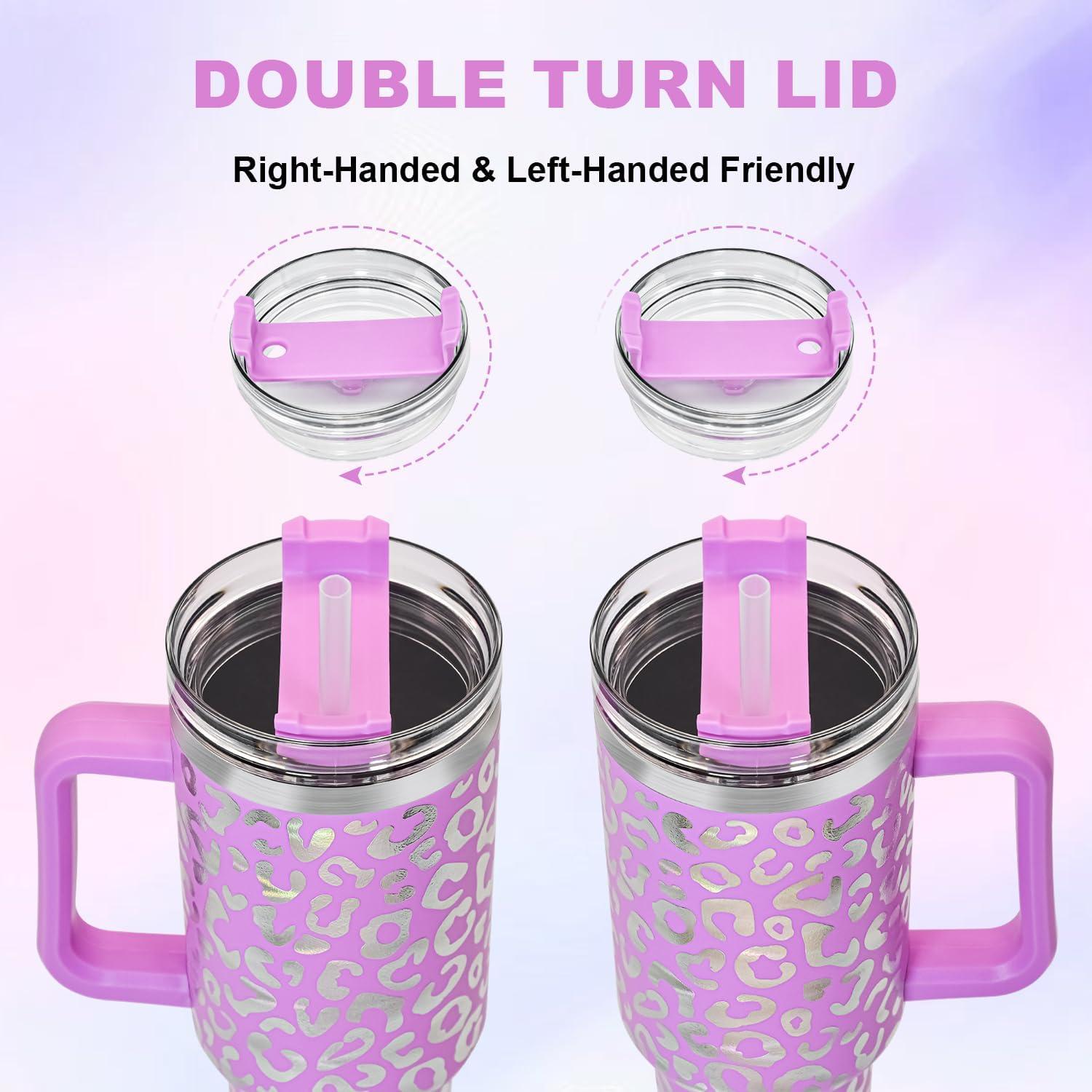 Isolierter Thermobecher 1,2L mit Strohhalm und Griff, Auslaufsicher, Edelstahl, Lavendel-Rose-Look