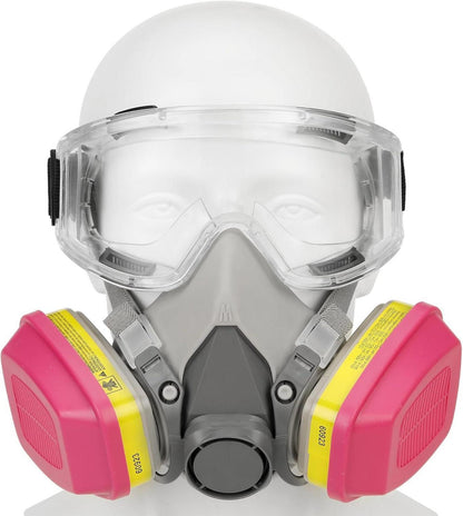 Atemschutzmaske mit Schutzbrille und Filterkartuschen für Farbstaub