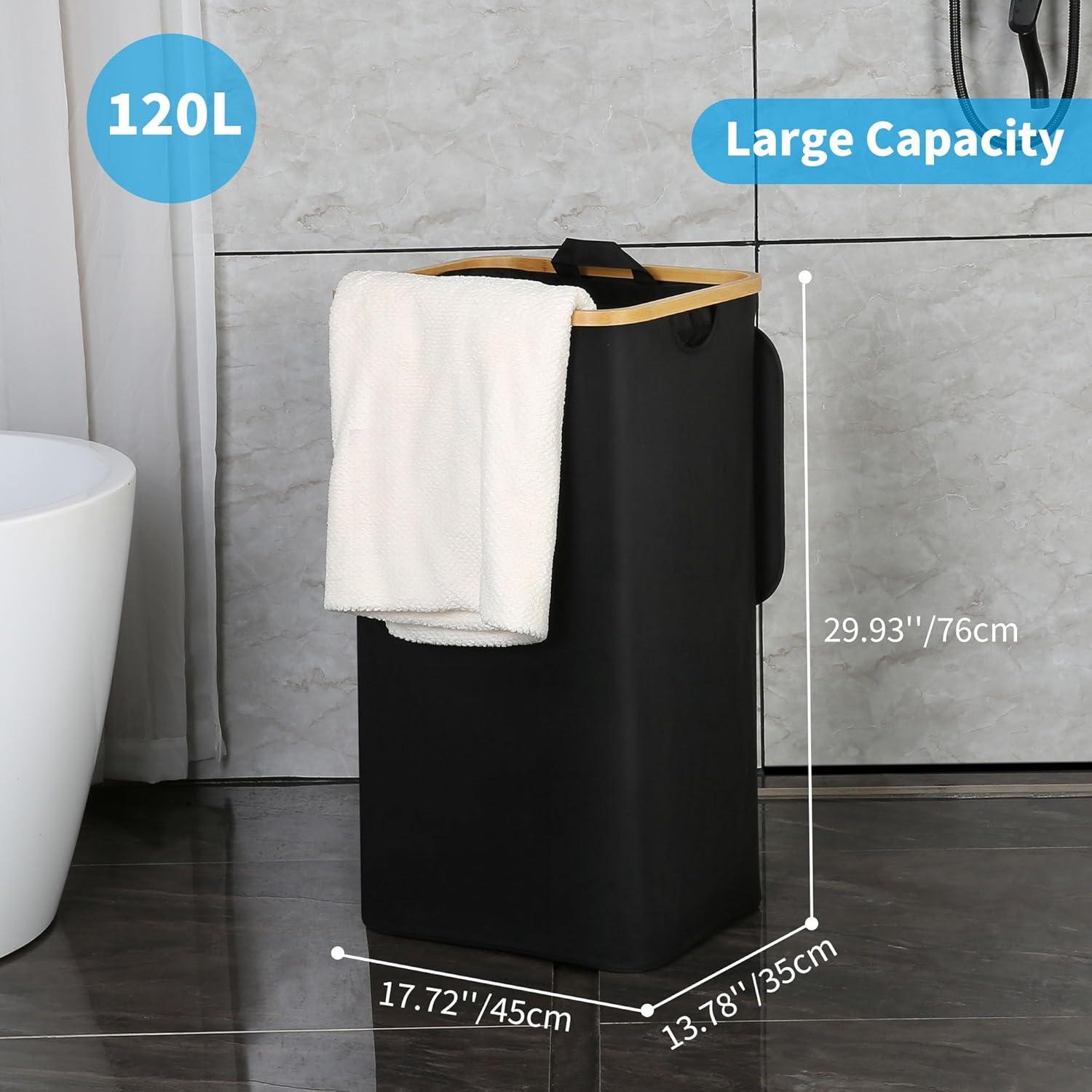 Wäschekorb mit Deckel 120 Liter Bambusgriff faltbar XXL