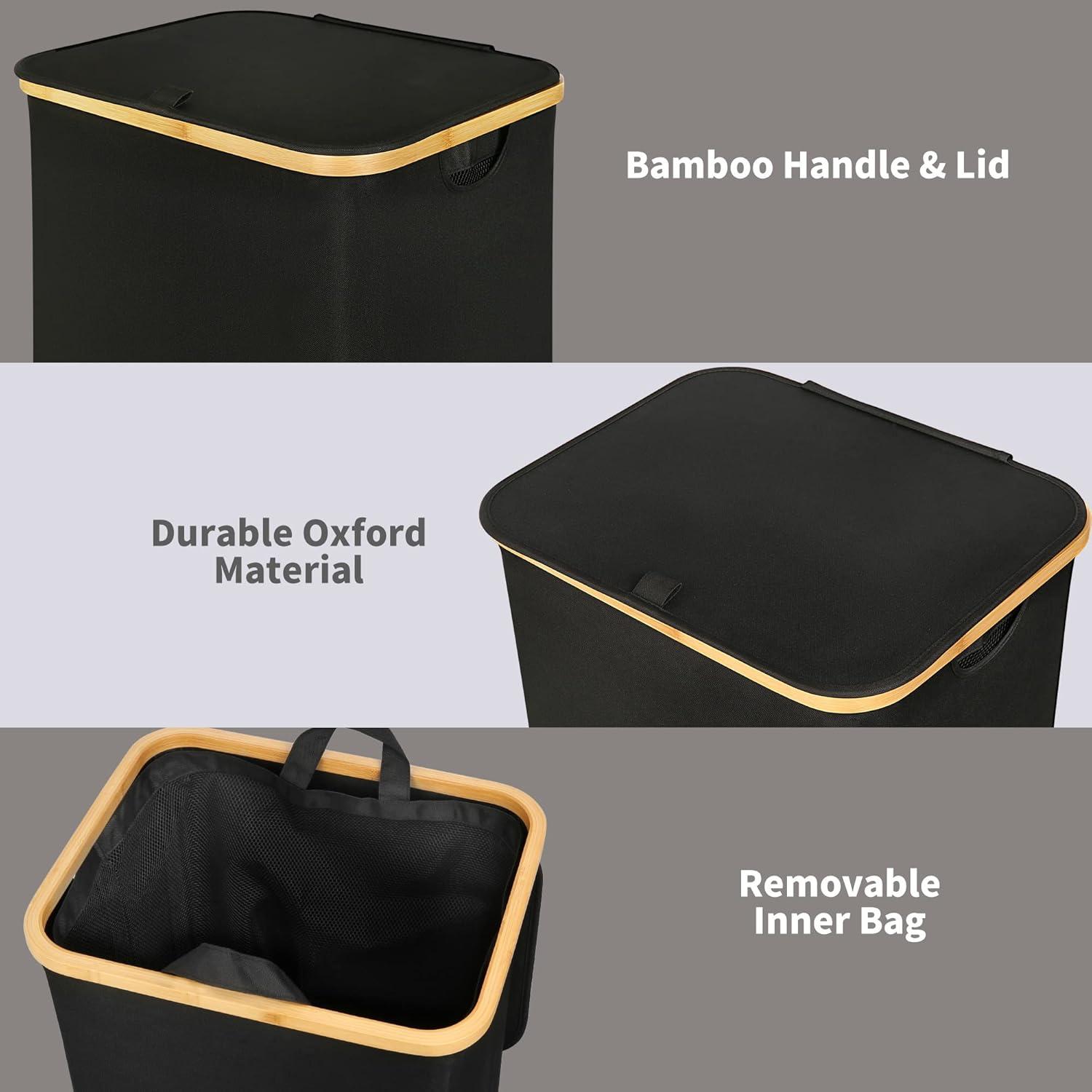 XXL Wäschekorb mit Deckel 120 Liter Schwarz Bambus Henkel faltbarer Laundry Basket