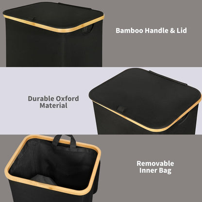 XXL Wäschekorb mit Deckel 120 Liter Schwarz Bambus Henkel faltbarer Laundry Basket