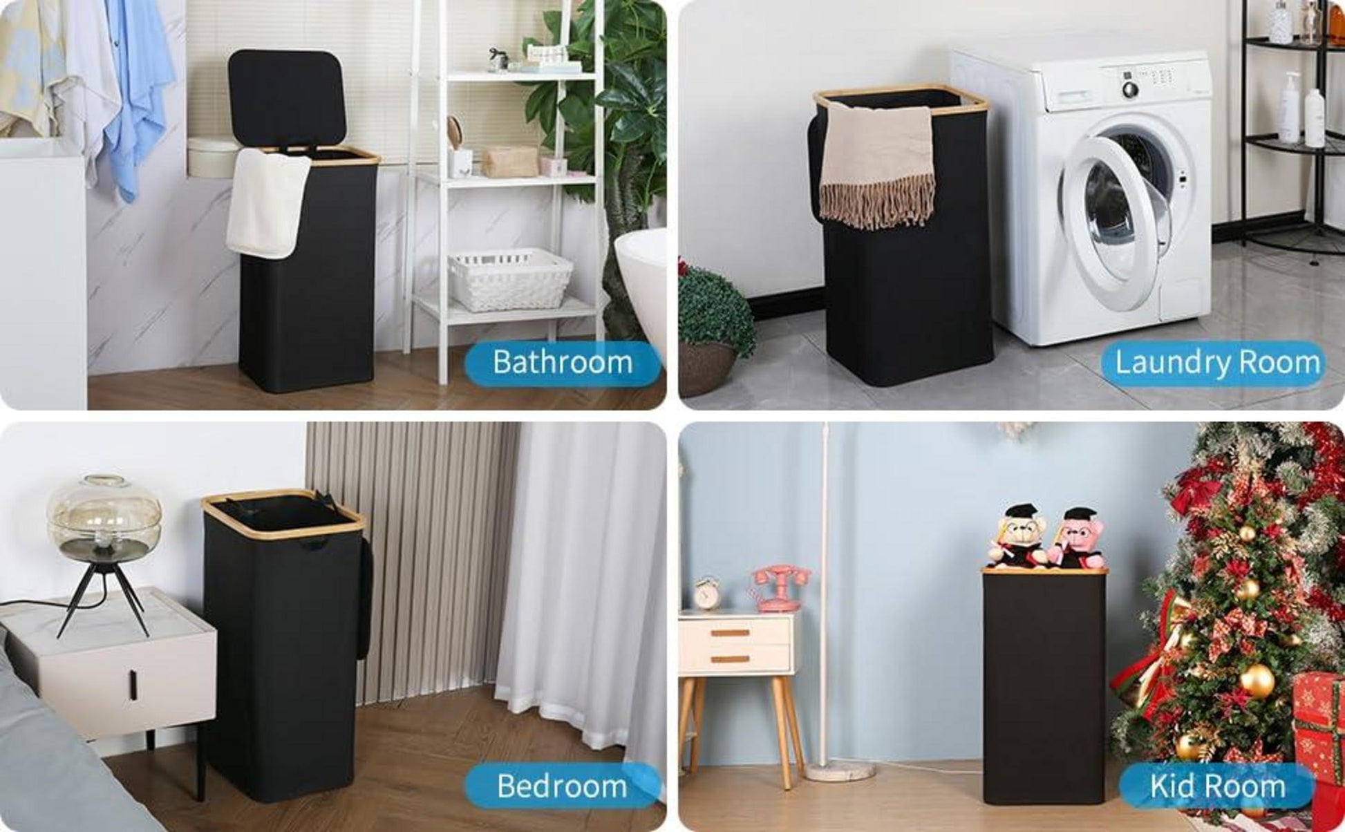 XXL Wäschekorb mit Deckel und Bambusgriff 120L Schwarz