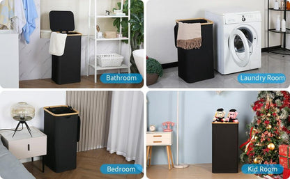 XXL Wäschekorb mit Deckel und Bambusgriff 120L Schwarz