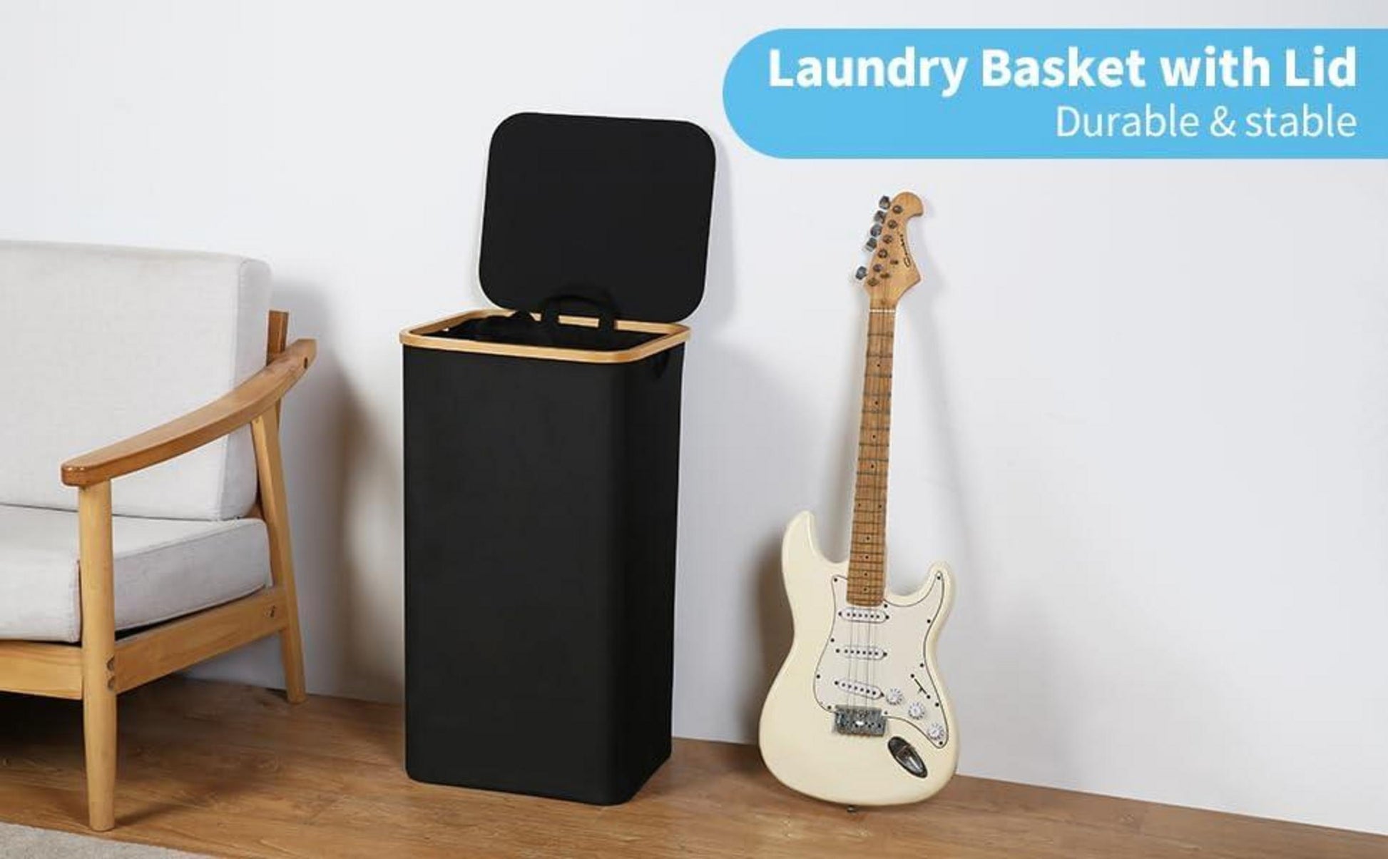 XXL Wäschekorb mit Deckel und Bambusgriff 120L Schwarz