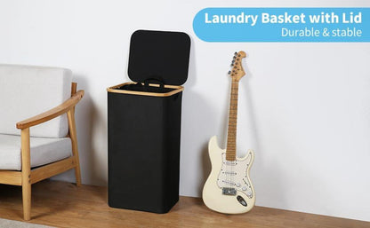XXL Wäschekorb mit Deckel und Bambusgriff 120L Schwarz