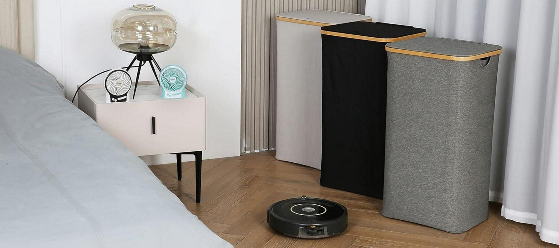 XXL Wäschekorb mit Deckel 120 Liter Schwarz Bambus Henkel faltbarer Laundry Basket