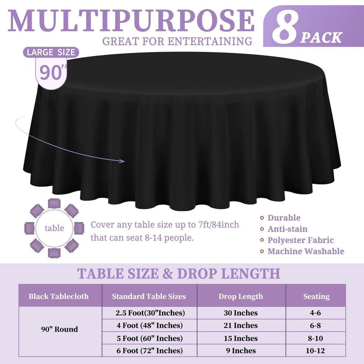 8x Schwarze Runde Tischdecken 229cm – Polyester, Waschbar