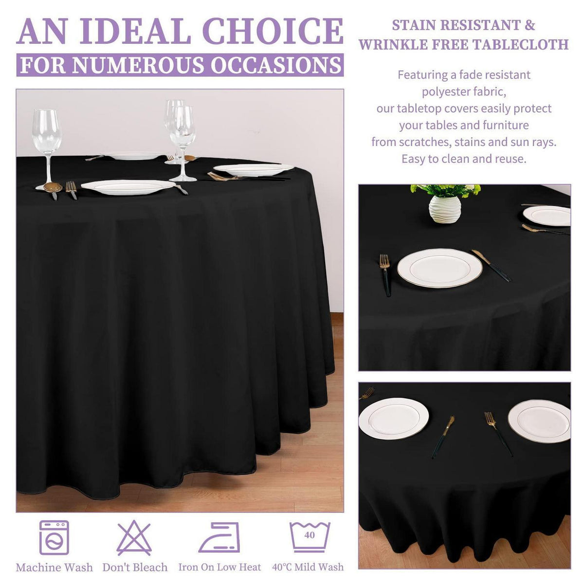 8x Schwarze Runde Tischdecken 229cm – Polyester, Waschbar