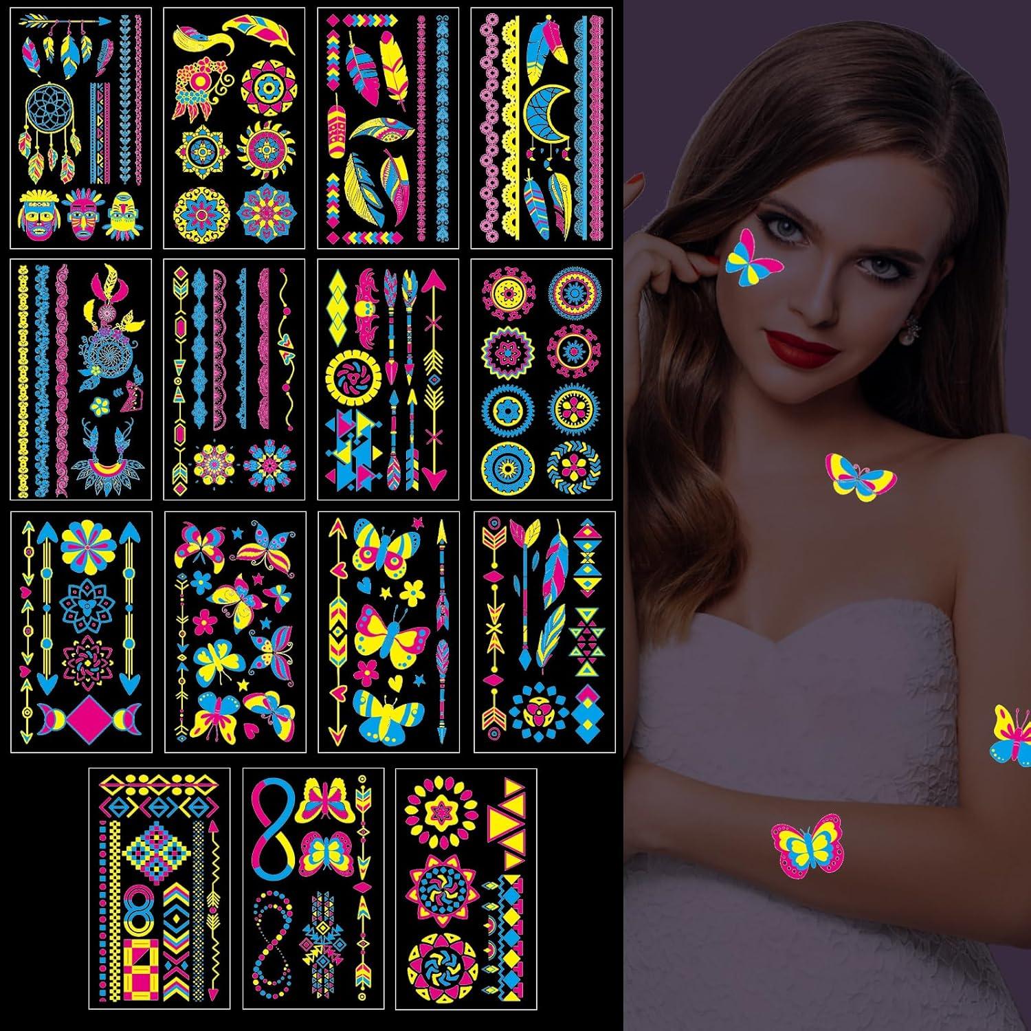 15 Wasserdichte Temporäre Festival Tattoos Neon Glitzer Body Art