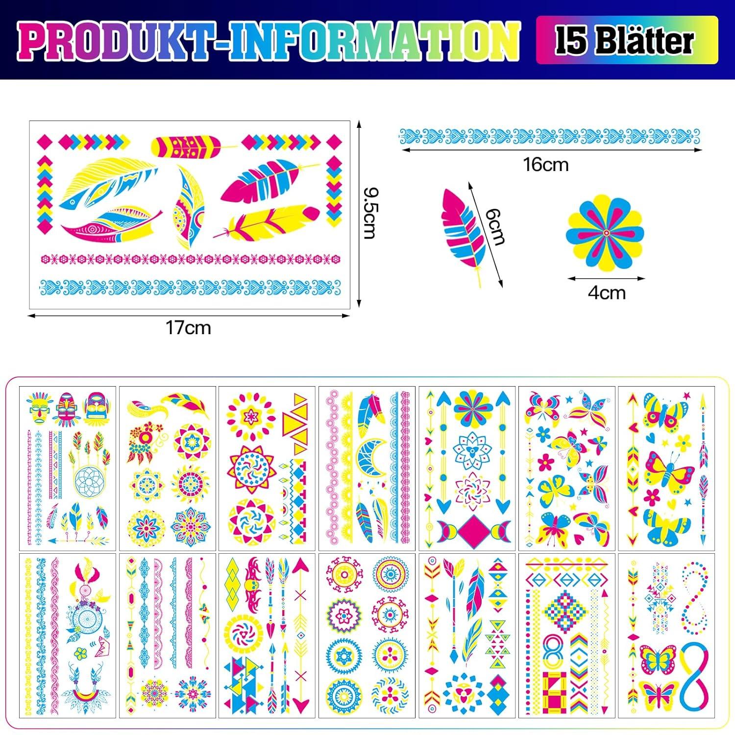 Festival Tattoos Set 100 UV-temporäre Tattoos Neon Glitzer