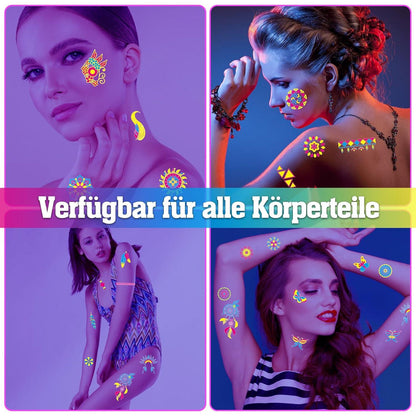 SPOKKI 15 Blätt Festival Tattoos wasserdicht temporär UV Neon Glitzer Aufkleber