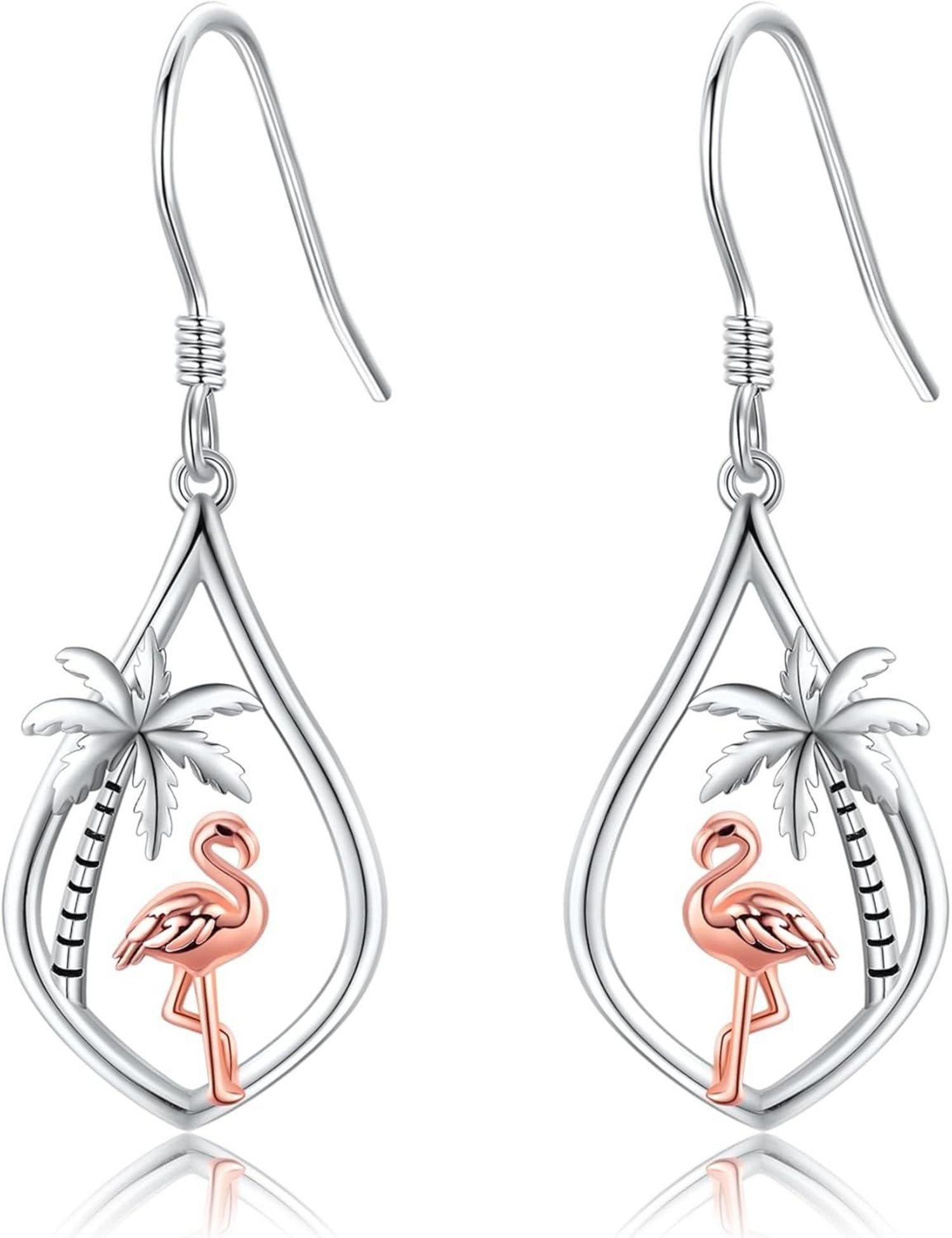 Flamingo Ohrringe Sterlingsilber Palme Brisur Ohrhänger Rosa Tier
