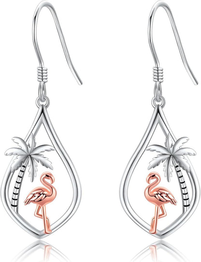 Flamingo Ohrringe Sterlingsilber Palme Brisur Ohrhänger Rosa Tier