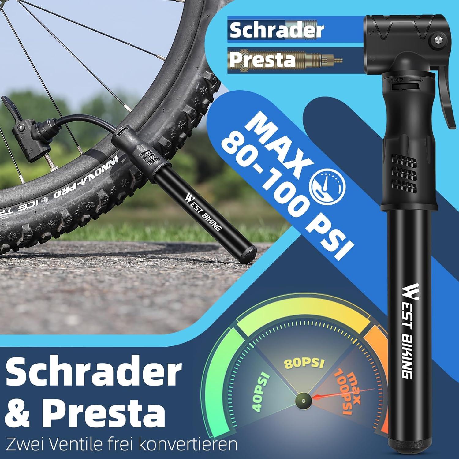 West Biking Mini Fahrradpumpe Aluminium tragbar MTB Rennrad ✓Luftballonpumpe