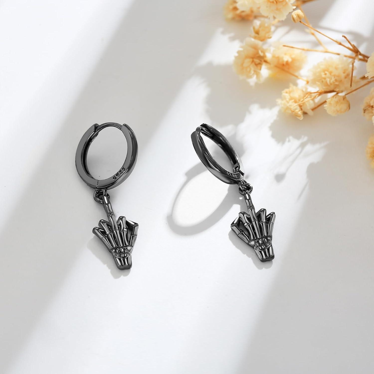 Totenkopf Ohrringe Sterling Silber Mittelfinger Creolen Halloween Frauen