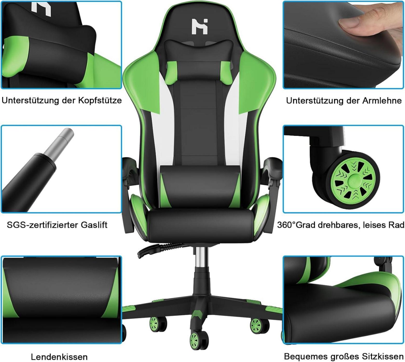 HLONONE Ergonomischer Gaming Stuhl mit Lendenwirbelstütze, Grün
