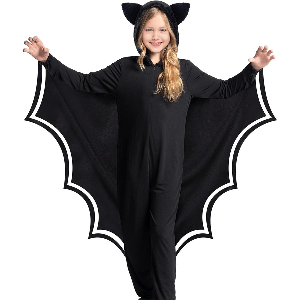 Kinder Fledermaus Kostüm mit Flügeln und Kapuze, Gr. L