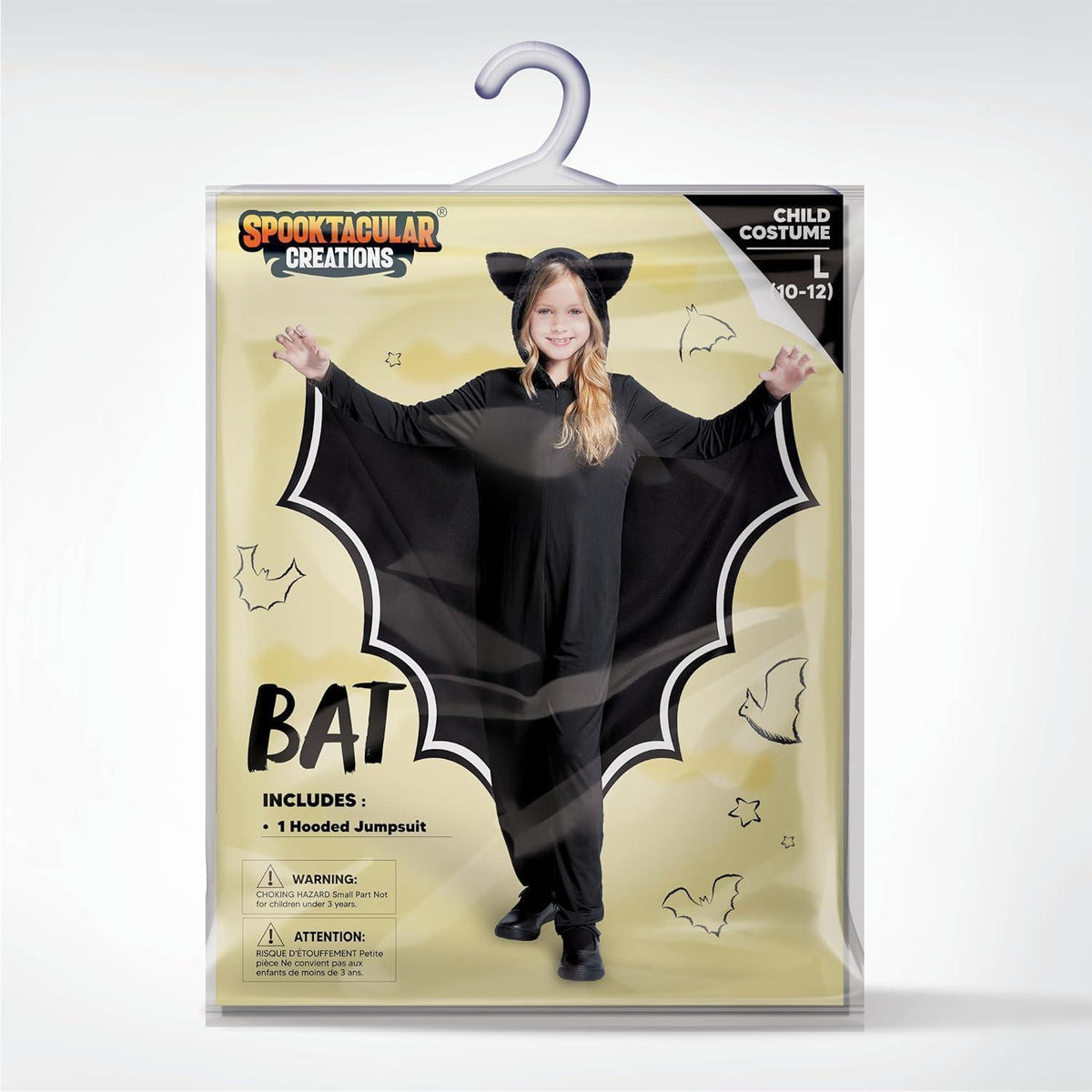 Kinder Fledermaus Kostüm mit Flügeln und Kapuze, Gr. L