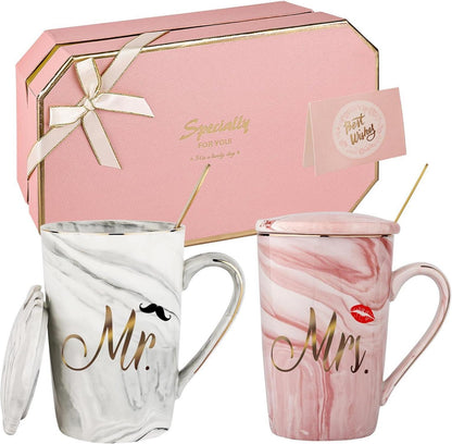 Mr. und Mrs. Kaffeebecher Set Hochzeitsgeschenk Marmor Tasse 420ML
