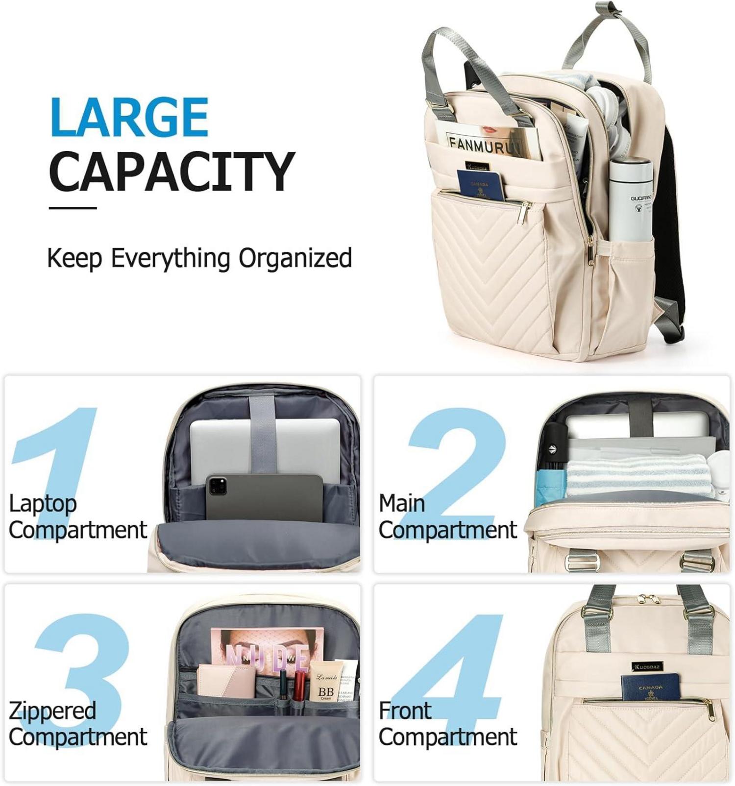 Liokesa Damen Rucksack 15,6 Zoll Laptop USB Beige