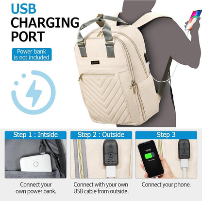 Liokesa Damen Rucksack 15,6 Zoll USB Laptopfach Beige