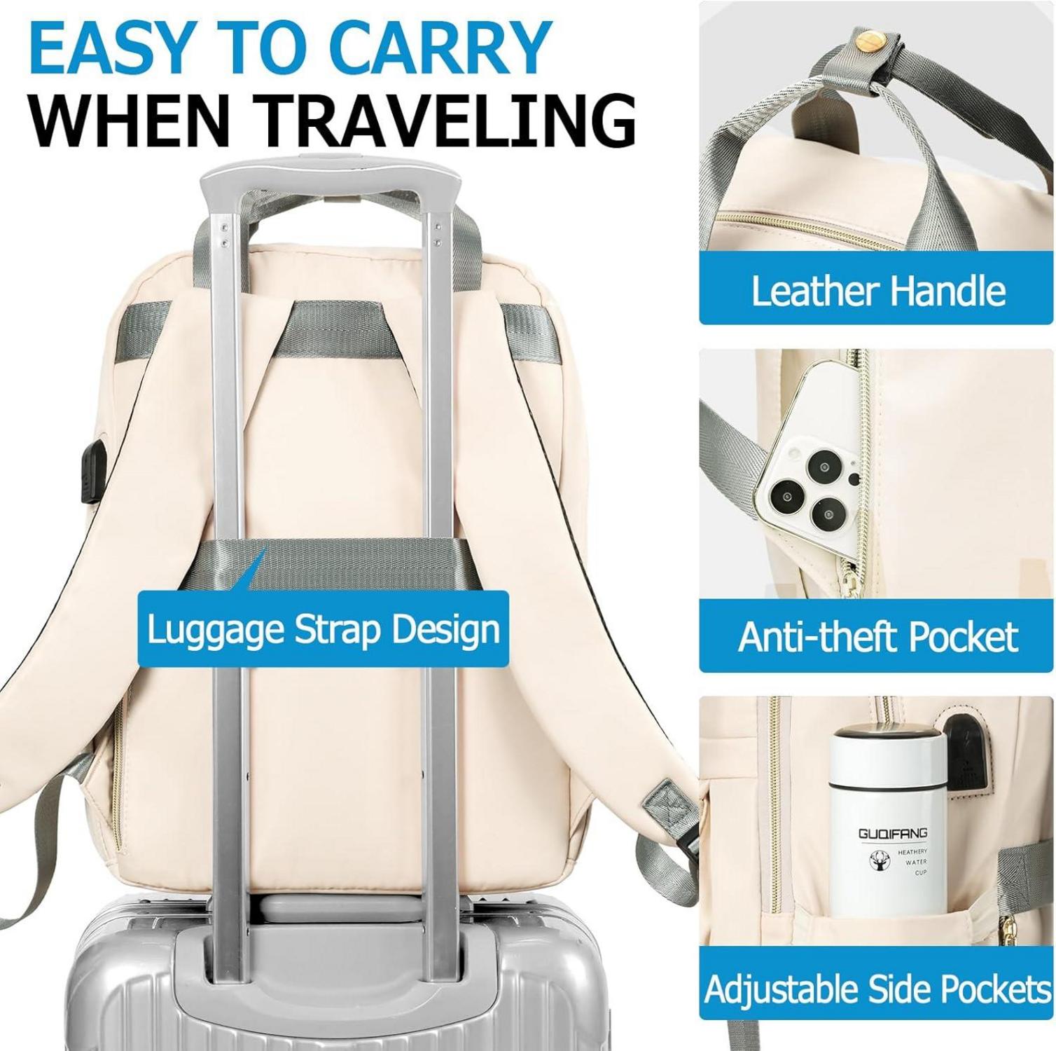 Rucksack Damen 15,6 Zoll USB Laptopfach Business Beige