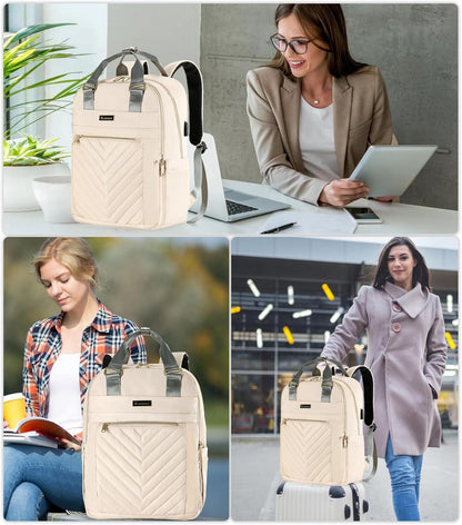 Liokesa Laptop Rucksack Damen 15,6 Zoll USB Ladeanschluss Beige