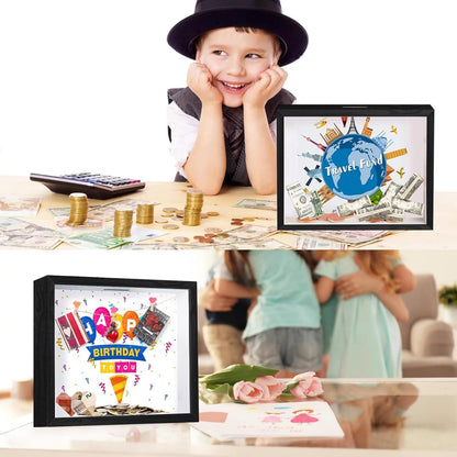 Spardose Kinder Glas 3D Bilderrahmen Taufe Hochzeit Reisen Geburtstag