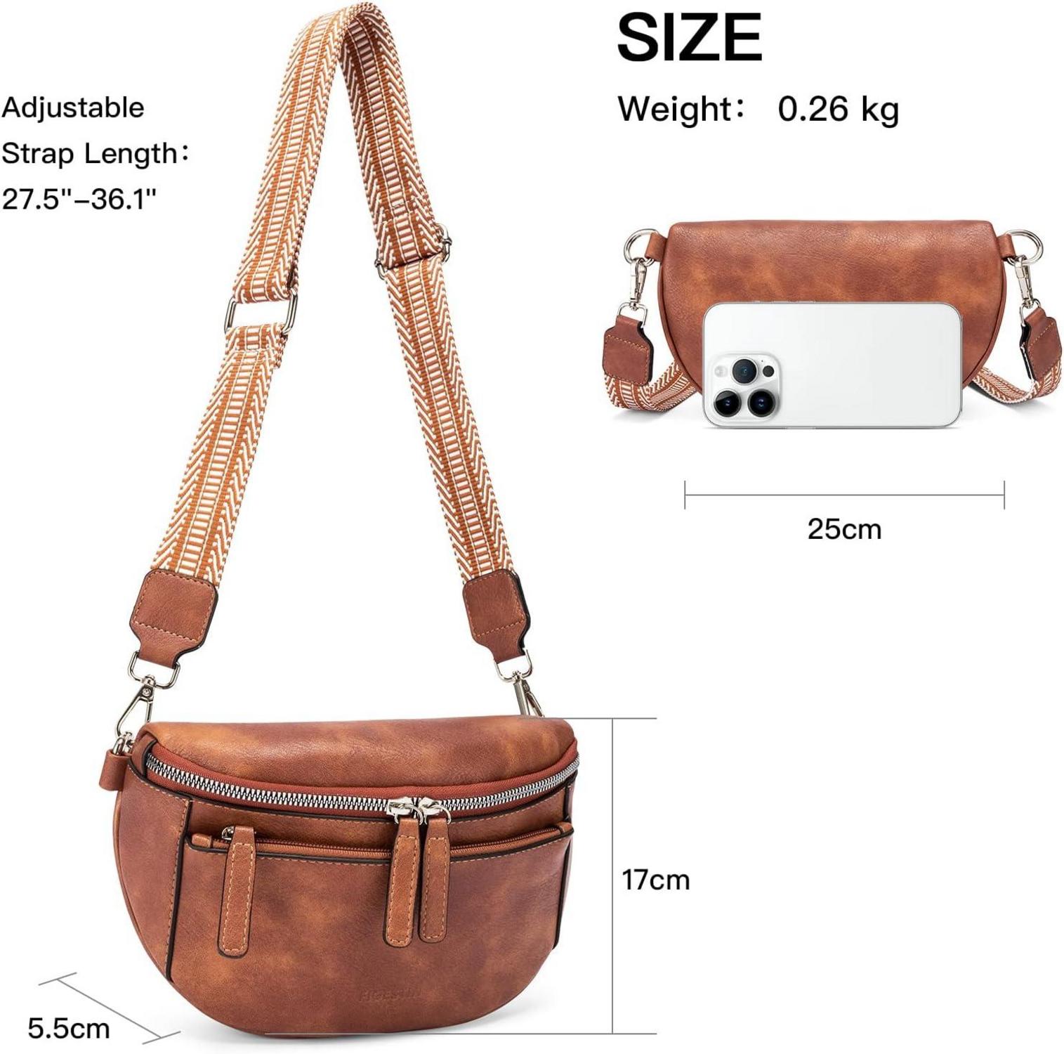 Bauchtasche Damen PU Leder Crossbody Bag Breiter Gurt Braun