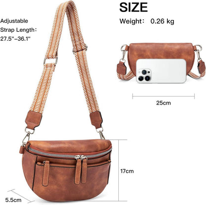 Bauchtasche Damen PU Leder Crossbody Bag Breiter Gurt Braun