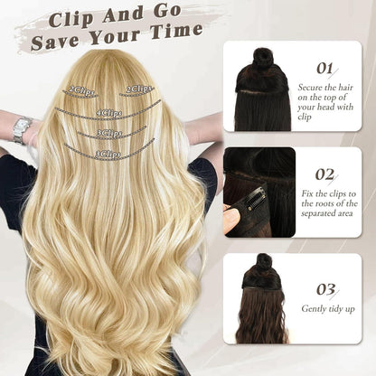 Clip in Extensions Lange Wellige Haarverlängerungen 45 cm Aschblond Highlights