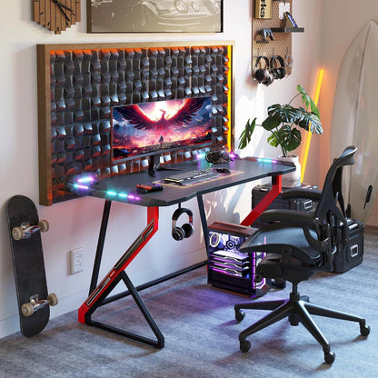 Gaming Schreibtisch LED 100x60 cm PC Gamer Tisch Kohlefaser