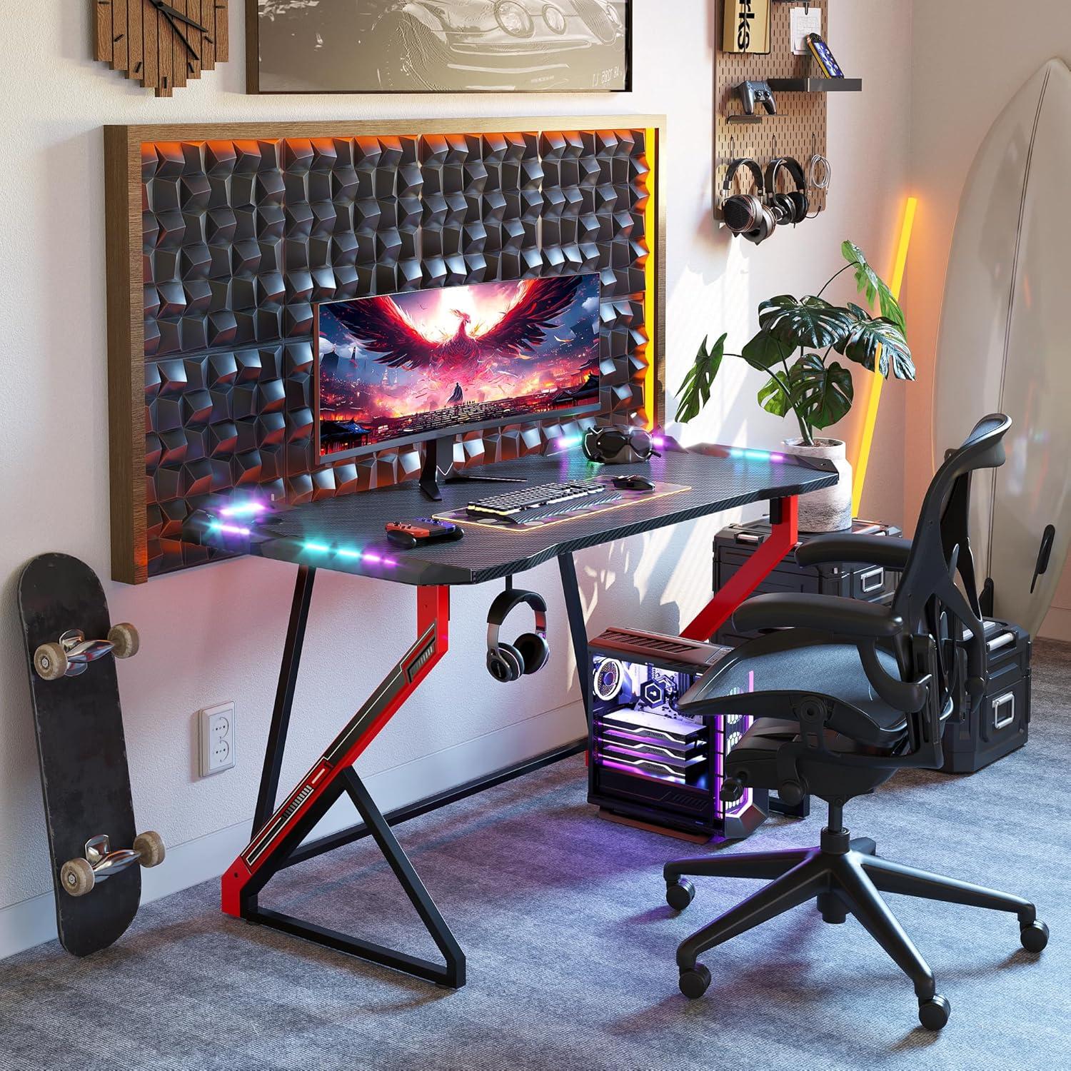 Gaming Schreibtisch LED 100x60 cm PC Gamer Tisch Kohlefaser