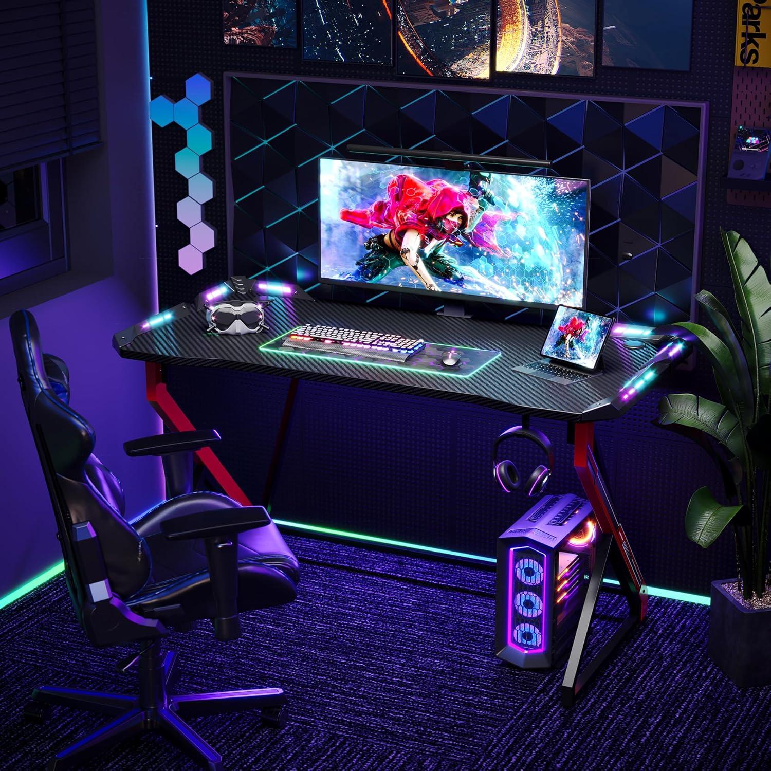 Gaming Schreibtisch LED 100x60cm Z Rahmen Kohlefaseroberfläche Kopfhörerhaken