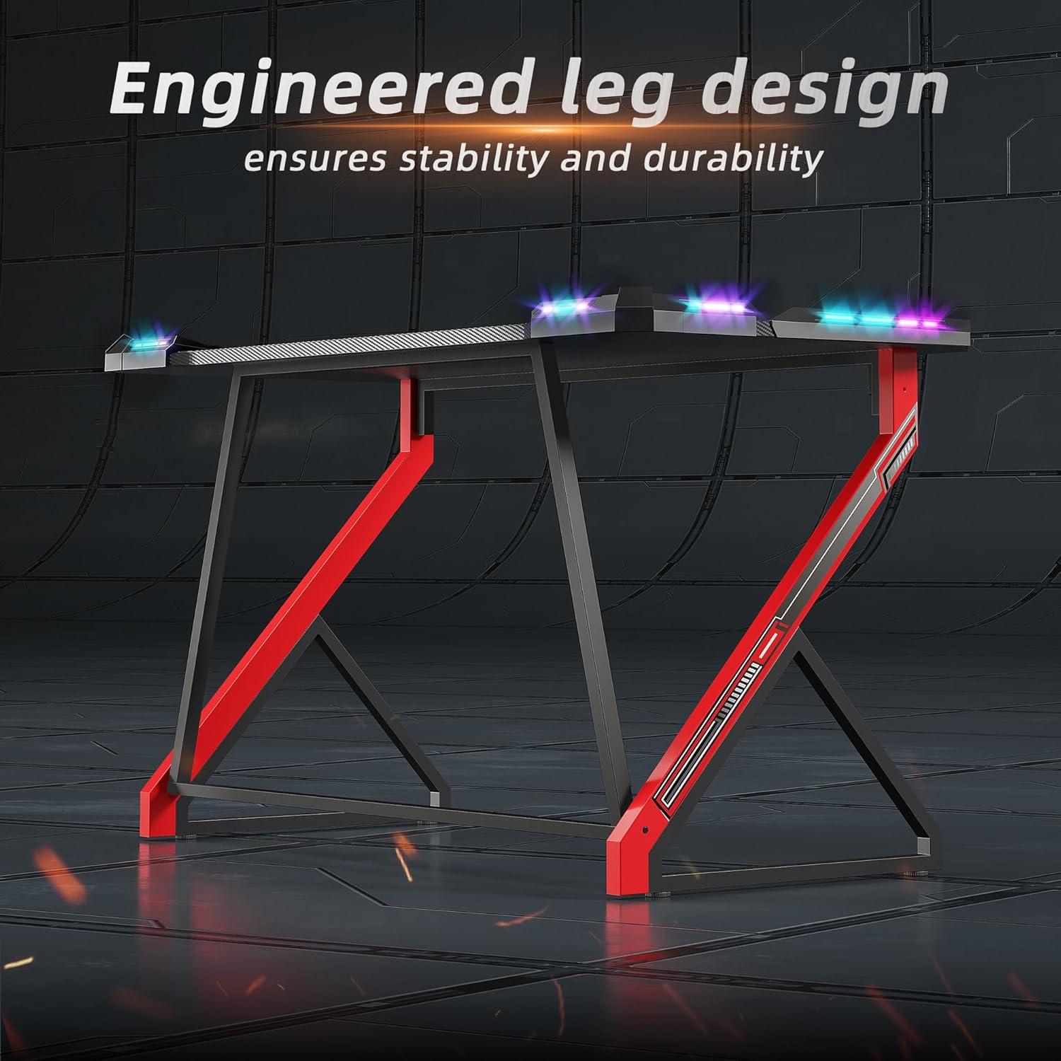 Gaming Schreibtisch LED 100x60cm Z Rahmen Kohlefaseroberfläche Kopfhörerhaken