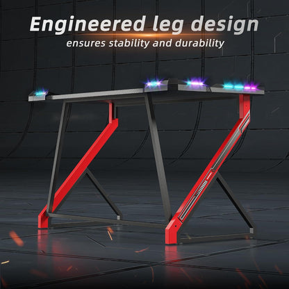 Gaming Schreibtisch LED 100x60cm Z Rahmen Kohlefaseroberfläche Kopfhörerhaken