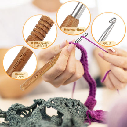 Aeeque Bambus Häkelnadel Set, 9 PCS, 2,0 mm - 6,0 mm, Ergonomisch Holzgriff, Anfänger, Arthritis, Schal Socken Pollover