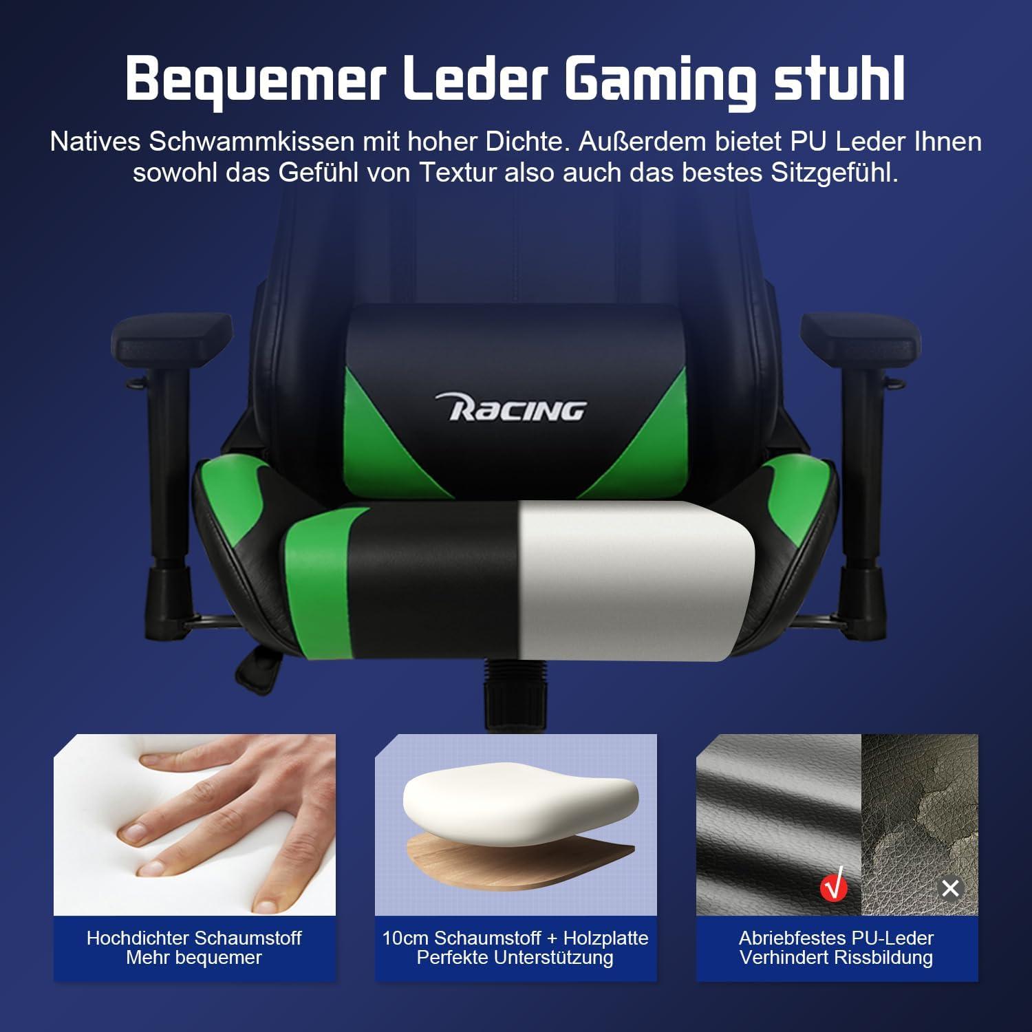 Gaming Stuhl mit Lenden- & Kopfkissen, Armlehnen - Belastbar bis 150 kg