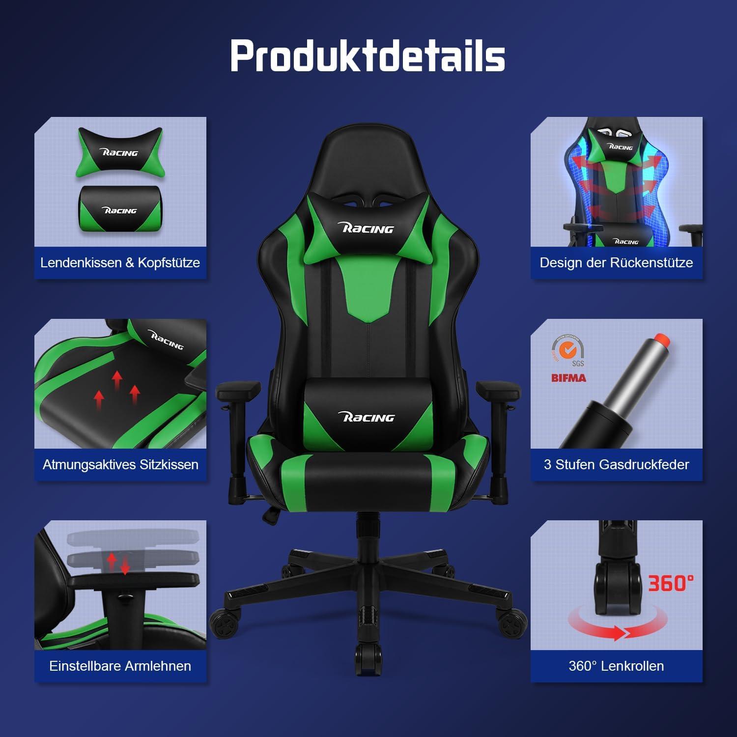 Homimaster Gaming Stuhl mit verstellbaren Kissen und Armlehnen