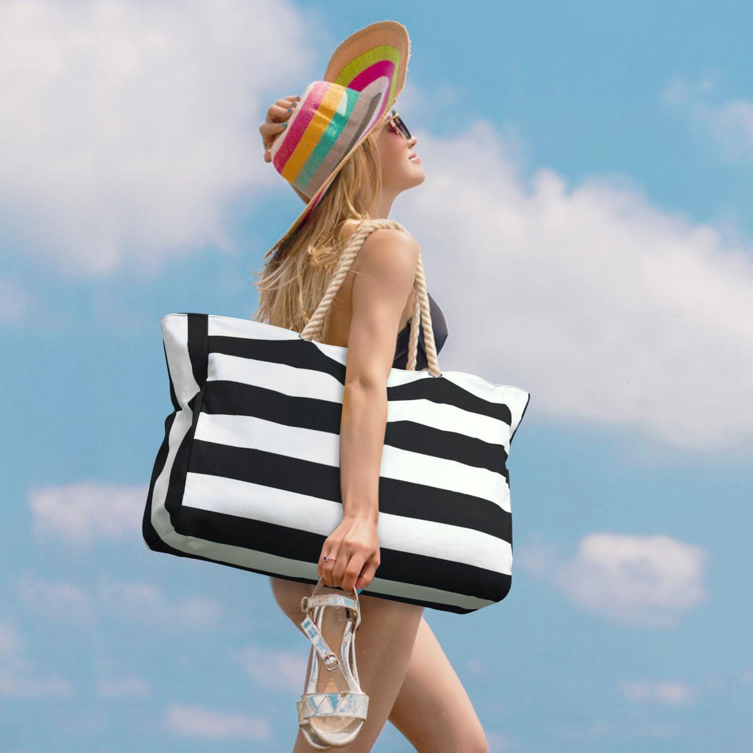 Strandtasche XXL Damen Groß Reißverschluss Schwarz Tote Bag